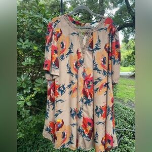 Umgee Tan Dress with Red and Orange Floral Print
